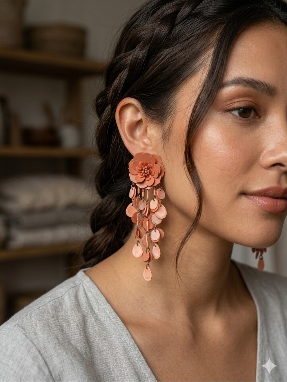 Peach Coral Sequin Floral Chandelier Earrings